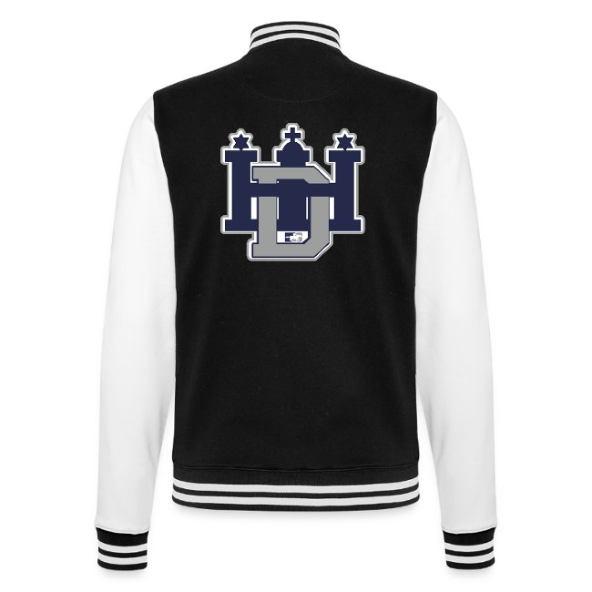 Schwarz-weiße Collegejacke mit großem Hamburg-Dragoons-Logo auf dem Rücken. Das Logo vereint die Initialen "HD" mit den drei Türmen der Hammerburg.